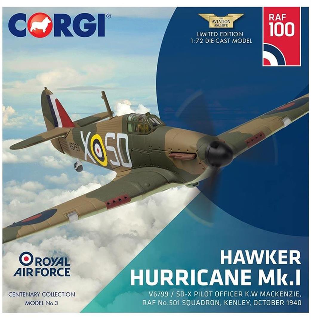 Corgi 1/72 AA27607 Hawker Hurricane Mk1 V6799 McKenzie 501 Sqn Gravesend 1940 100 Years of the RAF