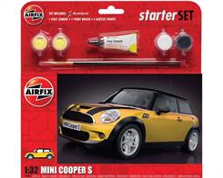Airfix 1/32 Mini Cooper S Starter Set A55310Number of Parts 73  Length 118mm Wingspan 59mmGlue and paints are included.