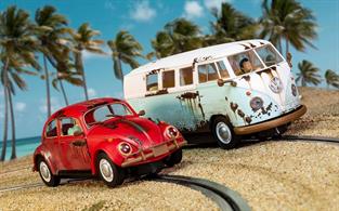 This Scalextric C3996A Twin Slot car pack includes a VW Beetle &amp; Camper Van in the popular Rat Look scene
