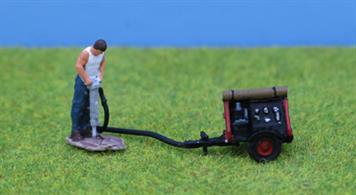 OO Gauge Painted Man with Pneumatic Drill &amp; Compressor.PaintedManufactured by P &amp; D Marsh in the UK.