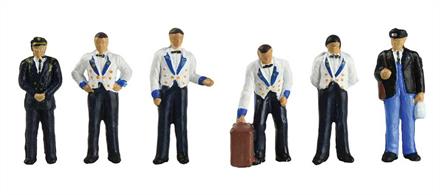 Bachmann figure pack 36-420 containing a set of crew figures for a Blue Pullman train with driver, guard and stewards.