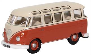Oxford Diecast 1:76 scale diecast model of the iconic VW T1 Samba bus finished in sealing wax red and beige grey.
