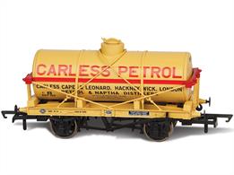 Detaikled new model of a saddle mounted RCH 10 ton oil tank wagon built to designs from the 1920s era finished in the Carless Petrol livery of Carless, Cape &amp; Leonard, petrol and naptha distillers as wagon number 10.This stone livery applies to the pre-WW2 1920s and 30s era (era 3).