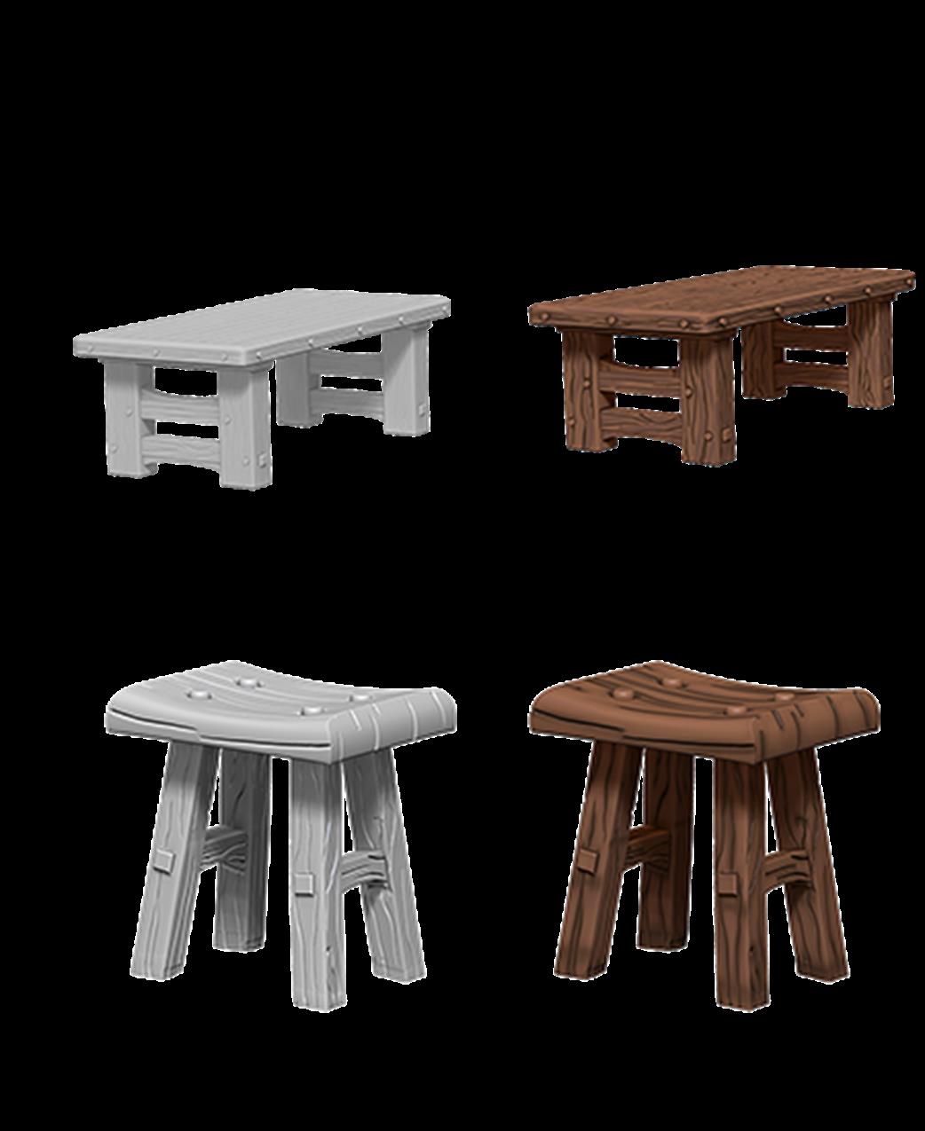 Wizkids  72593 Wooden Table & Stools: Pathfinder Deep Cuts Unpainted Miniatures