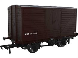 A highly detailed model of the LNWR D88 design covered box van finished as wagon number 210101 in LMS dark bauxite brown livery with small size post-1936 lettering, in an unusual sinlge line layout.Detail featuresSquare headstocks, Iron roof, 2-rib buffers, Vertically-planked doors, Flat-fronted axleboxes, Split-spoke wheels.
