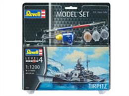 Revell 65822 1/1200 Scale German Battleship Tirpitz Model SetThe last battleship of the German Navy!Length 200mmWaterline kit of just 31 parts that can turn out a nicely detailed model.Comes with glue and paints.