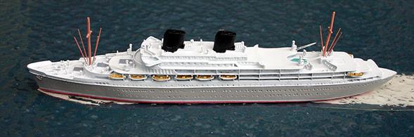 A 1/1250 scale metal model of Willem Ruys by CM Miniaturen CM-KR146.The keel of the Willem Ruys was laid in 1939 but WW2 intervened and the ship was not launched until 1946 and completed the following year. For ten years she sailed to and from Indonesia. After a short spell on the North Atlantic she was re-fitted for cruising. In 1964 she was sold and re-fitted extensively to become Achille Lauro