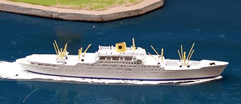 A 1/1250 scale metal model of Stockholm 1948 of SAL by CM Miniaturen CM-KR102.The Stockholm was the ship that sank the Italian passenger liner the Andrea Doria in the approaches to New York harbour in 1956. Stocholm required a new bow after this event but is still afloat today as the ooldest sea-going cruise ship in the world, now called Astoria.