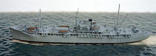 A 1/1250 scale metal model of Pelias AS14 a C3-cargo ship converted to a submarine tender shortly before the US entered WW2. Sistership to USS Griffin, Pelias is modelled in 1944 with many additional fittings and an extra deck forward compared to her sistership. The model is in overall grey.