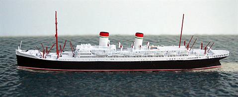 A 1/1250 scale metal model of Augustus 1932 by CM Miniaturen.Augustus was built in 1927 but in 1932 became part of the Italia Line whose colours she is modelled in here. In 1942 she was converted to the Italian aircraft carrier Sparviero and bombed and damaged. In 1944 the Germans scuttled her in Genoa as a blockship. She was re-floated and scrapped by 1947.