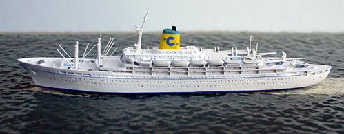 A 1/1250 scale metal model of Federico C of Costa Cruises in 1959 by CM Miniaturen.Federico C was the first new build liner and cruise ship for Costa Cruises. She made transatlantic voyages and cruised around the east and south of USA. Eventually, she became a full time cruise ship. After changes of ownership and under the name Sea Breeze she sank under&nbsp;unusual circumstances 250 miles off the coast of the USA in December 2000 with no loss of life. Only 25 crew had been on board.