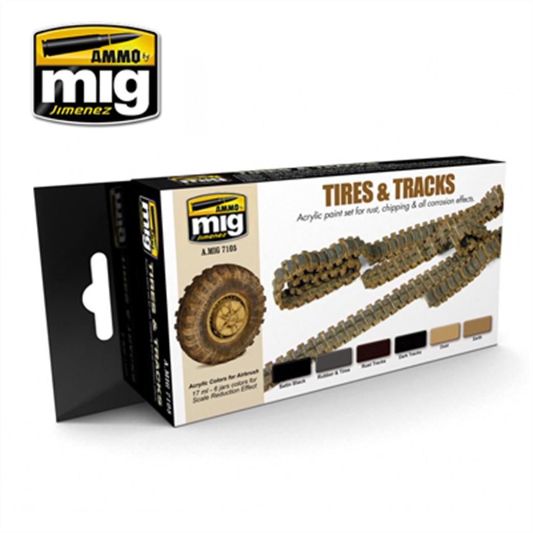 Ammo of Mig Jimenez A.MIG-7105 Tyres and Track Colours 6 Jar Paint Set