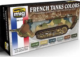 MIG Productions 7110 WW1 &amp; WW2 French Camouflage ColoursAuthentic colours for French WW1 &amp; WW2 French Military Vehicles from 1916 until 19406 Jars - 17mlSet for painting French Army vehicles, especially the colours used from 1916 until the end of 1940. With this set modellers can paint French vehicles without complex mixtures or hours of research.All products are acrylic and are formulated for maximum performance both with brush or airbrush and the Scale Effect Reduction allowing users to apply the correct colour to their model. Water soluble, oderless and non-toxic. Shake well before use. We recommend MIG-2000 Acrylic Thinner for correct thinning. Dries completely in 24 hours.