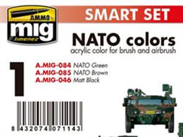 MIG7114 Set of 3 17ml Jars of accurate colours for painting NATO Vehiclesincludes colour: A.MIG 046 BLACK, A.MIG 084 NATO GREEN, A.MIG 085 NATO BROWN
