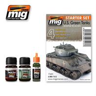 MIG Productions 7413 Weathering Paints - US Green TanksHigh quality paints, set contains 3 tones.Perfect set for weathering American vehicles in olive green used in WW2