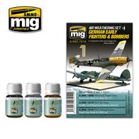 MIG Productions 7414 German Early Fighters &amp; Bombers Air Weathering SetSet for washes for defining panel lines of early WW2 German aircraft.Set with 3 Panel Line Wash Jars - 3 x 35mlIncludes 3 colours from Panel Line Wash line allowing you to easily outline aircraft.