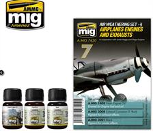 Weathering aircrafts set. With this set you can add life easily to an engine and exhaust of your airplane, creating the effects of spilled fuel, little touches of rust, and general maintenance spills. The set includes an enamel product to paint spilled fuel (A.MIG-1408 FRESH ENGINE OIL) and two pigments perfect to rust and blacken exhaust and other areas of the aircraft (A.MIG-3001 BLACK y A.MIG-3008 TRACK RUST)