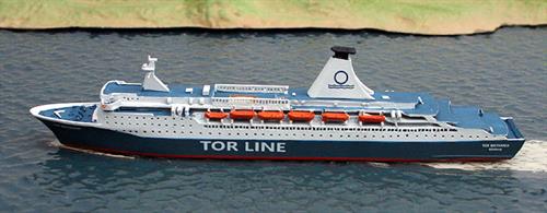 New 1/1250 Scale metal model of MS Tor Britannia as operating in 1975 for Tor Line by Albatros S M Al278. Overall length of model is 14.9cm
