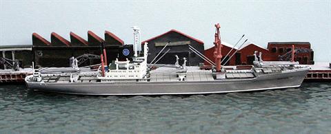 A 1/1250 scale metal model of Leuve Lloyd, a KR line freighter with Stulken heavy lift derrick from 1966. The cranes and derricks on this model are rigged.Overall length of model is 13.5cm