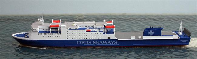 A 1/1250 scale metal waterline model of Sirena Seaways, ex-Dana Sirena in 2013.