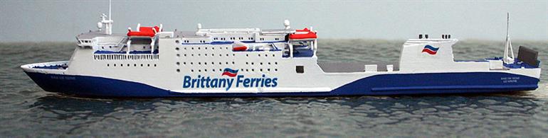 A 1/1250 scale metal model of Baie de Seine (ex-Sirena Seaways, ex-Dana Sirena) on Charter to Brittany Ferries on their economy service between Portsmouth, Le Havre, Santander &amp; Bilbao.