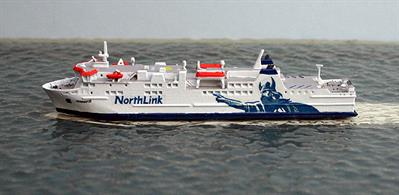 A 1/1250 scale waterline metal model of Hamnavoe the Orkney Islans ferry running from Srabster to Stromess. The model is made by Rhenania Junior RJ303