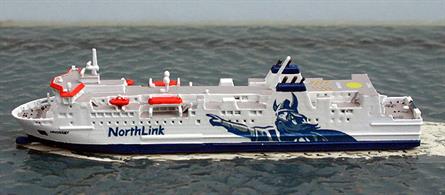 A 1/1250 scale waterline metal model of Hrossey the Shetland &amp; Orkney ferry from 2014 by Rhenania Junior RJ308. The model is fully assembled and painted with the Viking emblem as Hrossey is today.