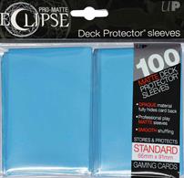 The Eclipse PRO-Matte Deck Protector sleeves completely hides card backs with an added layer of opaque material. As a part of the PRO-Matte line, the Eclipse sleeves uses matte clear material to show the card face while minimizing glare and offering a unique, smooth and professional shuffling experience. Each pack comes with 100 sleeves. Note: These new Eclipse sleeves has a slight color change from the original 80-count pack version, and the manufacturer recommends not mixing the 80-count and the 100-count packages.PRO-Matte Eclipse Sky Blue Deck Protector sleeves in an 100-count packSized to fit standard (Magic) size gaming cardsInner layer makes the colored sleeve back completely opaqueMatte clear front minimizes glare for easy reading and better on-camera presentationArchival-safe, polypropylene materials with unique formulation providing a smooth, professional shuffle