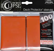 The Eclipse PRO-Matte Deck Protector sleeves completely hides card backs with an added layer of opaque material. As a part of the PRO-Matte line, the Eclipse sleeves uses matte clear material to show the card face while minimizing glare and offering a unique, smooth and professional shuffling experience. Each pack comes with 100 sleeves. Note: These new Eclipse sleeves has a slight color change from the original 80-count pack version, and the manufacturer recommends not mixing the 80-count and the 100-count packages.PRO-Matte Eclipse Pumpkin Orange Deck Protector sleeves in an 100-count packSized to fit standard (Magic) size gaming cardsInner layer makes the colored sleeve back completely opaqueMatte clear front minimizes glare for easy reading and better on-camera presentationArchival-safe, polypropylene materials with unique formulation providing a smooth, professional shuffle