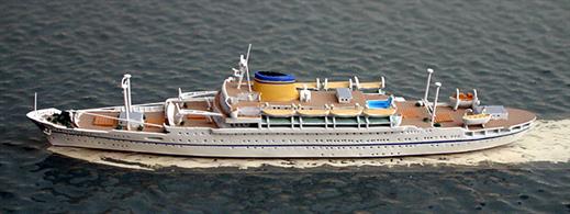 A 1/1250 scale metal model of Europa, a Lloyd Triestino combi-liner on the East Africa run from 1952-76 by Mare Nostrum.The model is 12.2cm overall length