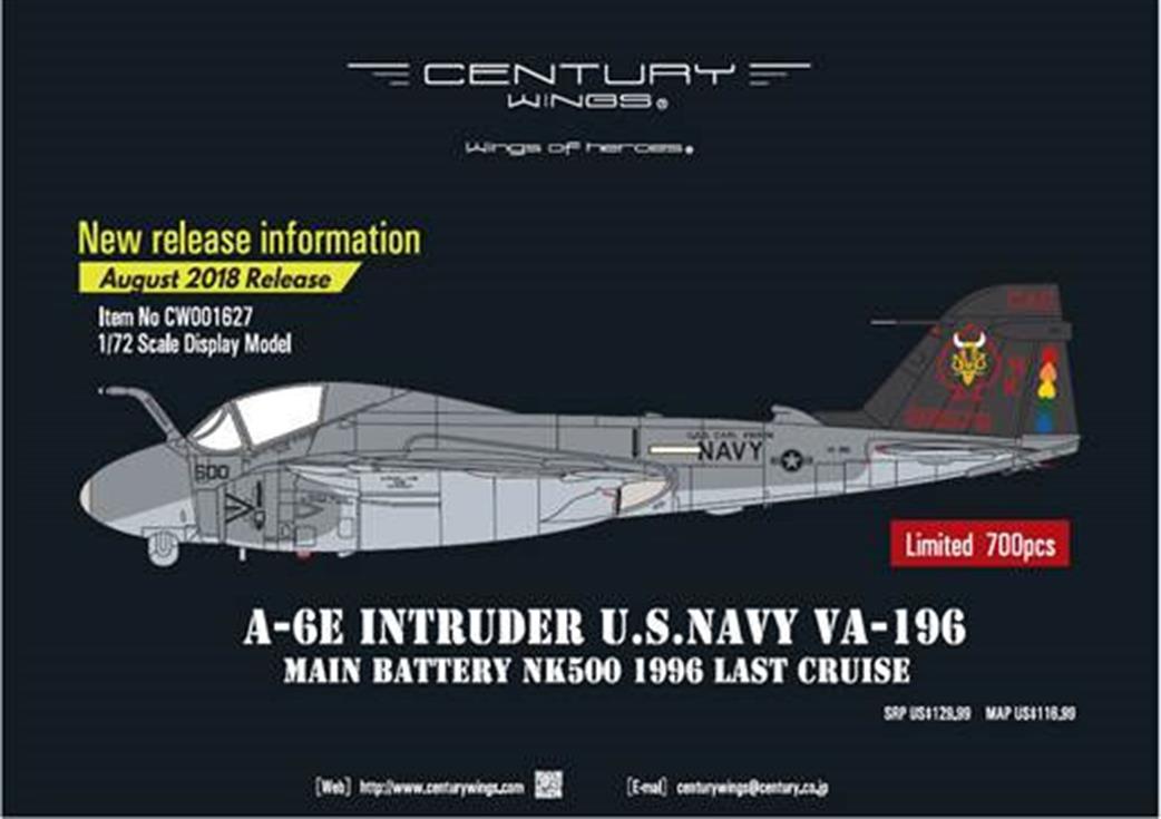 Century Wings 1/72 CW001627 A-6E INTRUDER U.S. NAVY VA-196 MAIN BATTERY NK500 1996 LAST CRUISE