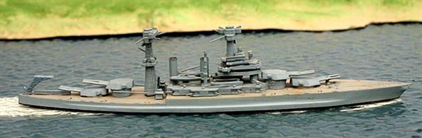 A 1/1250 scale secondhand model of USS California BB.44 in 1941 by Delphin in good original condition but with some bent gun barrels on both forward turrets. See photograph.