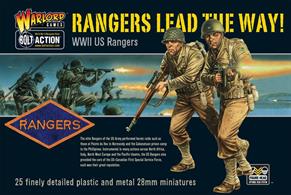 Rangers Lead The Way! contains:Enough plastic and metal components to make 25 US Rangers miniatures, including a host of different weapon and command model options.Metal parts, including Bangalore torpedoes, M2 flame-thrower, pick/mattocks, axes, wirecutters, heads with goggles, and US Ranger knuckle-knife.8 unique metal heads representing well-known film characters.Weapons include: M1 carbine, Springfield rifle (plus scoped version and also version with bayonet fitted), M3 'Grease Gun' sub-machine gun, Browning Automatic Rifle (BAR), M1 Garand rifle (plus scoped version and version with bayonet fitted), Bazooka, Thompson sub-machine gun, Winchester combat shotgun, Browning M1911 pistol, hand grenades, bandoliers and ammunition pouches.25mm round plastic bases