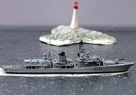 A 1/1250 scale model of HMS Westminster, F237, Duke class frigate, after her final refit and modernisation.This is a metal waterline model and it is fully assembled and painted.