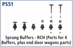 Set of four RCH wagon buffers.Comprises 4 sets of buffer heads and springs with 4 standard buffer bodies, plus 2 buffer bodies with plank retaining lugs for end door wagons.