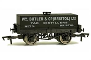 Wm. Butlers' tar tankers are well-known, a photograph of one frequently being used to illustrate the rectangular tank wagon design.These tank wagons were used to collect coal tar, a by-product of coal gas production, for refining to extract more useful petro-chemical products. Butlers' operated works in the cities of Bristol and Gloucester and these tar wagons would have travelled widely across the west of England, West Midlands and Welsh borders to collect raw materials from town gas companies to supply the refining plants.The Butler company originated in the GWR broad gauge era, Mr Butler being appointed by Mr Brunel to run the GWRs' timber treatment plant in Bristol. Later Mr Butler formed his own company, taking over the Bristol works and the company is still operating today as suppliers of industrial oil products like heating oil.