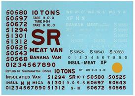 Waterslide decal sheet from Parkside Southern Railway banana and meat van kits PS100 PS101. Lettering for SR and BR periods.