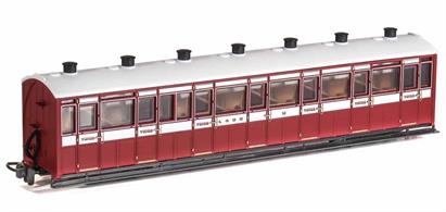 A detailed model of the Lynton &amp; Barnstaple Railway enclosed all-third class coaches which were used on trains throughout the year.Finished as L&amp;B coach 14 in lake and cream livery.Length 167mm over couplings