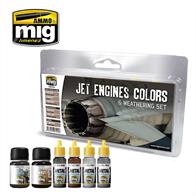 Jet engine colors and weathering set. This set includes four essential metallic colors used to paint the hues and tonal variations for the components of a jet turbine, including the afterburner and exhaust nozzles. This set also includes two specific products for weathering and outlining the intricate details found in these engines.Included colors:A.MIG-187 Jet ExhaustA.MIG-191 SteelA.MIG-192 Polished MetalA.MIG-045 Gun MetalA.MIG-1407 Engine GrimeA.MIG-1008 Dark Wash