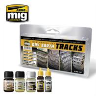 Essential collection of products such as earth textures, correct track colors, as well as rust &amp; dust Effects for painting tracks in all arid environments. Create the unique appearance of accumulations of dust and wear unique to AFVs in dry arid terrain. Such harsh and abrasive conditions create effects of dry rust (A.MIG-1002), polished metal links (A.MIG-034, A.MIG-192), and the accumulation of dust and pulverized earth (A.MIG-1751, A.MIG-3003) only with this all-inclusive multi-media Dry Earth Tracks Set. The set includes 3 enamel jars 35ml and 2 acrylic jars 17ml:A.MIG-1002 TRACK WASHA.MIG-3003 NORTH AFRICA DUSTA.MIG-1751 DRY STEPPEA.MIG-0034 RUST TRACKSA.MIG-0192 POLISHED METAL