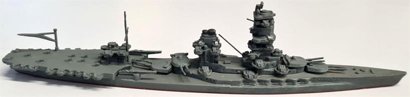 A 1/1250 scale secondhand model of IJNS Hyuga at the end of WW2 by Delphin D62.This model is in good condition although it has been re-fitted and re-painted at some time in the past, see photograph.