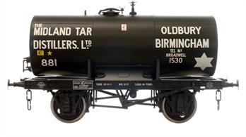 Detailed model of an anchor mounted oil tank wagon built the RCH specifications agreed in 1944 using a welded steel tank barrel. Built into the 1950s these wagons were the last 'steam era' oil tank wagons to be replaced by the vacuum and air braked 35 and 45 ton wagons of the 1960s.Model finished in Midland Tar Distillers livery with a black painted tank for class B heavy oil products.