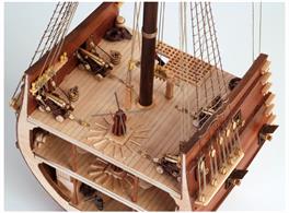 Build your 1:50 scale model of the section of San Francisco II, the model of the Spanish galleon from the XVI Century. Its construction system using false keel and frames about the assembly of the miniature to the construction of the real Spanish ship. This section will allow you to examine in depth the construction and structure of the galleon, as well as the detail of its three decks. San Francisco kit contents include high precision laser-cut board, fine woods, brass, cast iron and a little stand with a metal plate. For the assembly you will be able to follow our complete full colour guide step-by-step in seven languages.