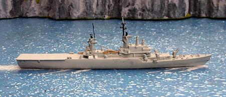 A 1/1250 scale second-hand model of the Italian missile cruiser Vittorio Veneto in 1969 to 1980s condition by Hai 140.This second-hand model is in good condition but, as the photograph shows, it needs to have additional work such as contrasting painted decks and small details to improve the model to the standards expected in today's market.