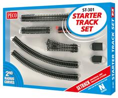 PECO Setrack N gauge Starter Set with 2nd radius curves, containing enough components to create an oval of track plus two sidings. Contents: 17 pieces of track, 2 x turnouts, 2 buffer stops and the Setrack Planbook for N gauge.Use in conjunction with the ST-300 1st radius set to enables creation of a double track circuit with crossover.