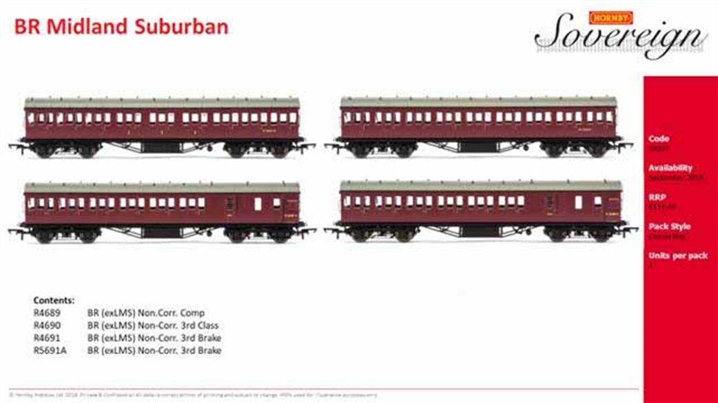 Hornby OO R4927 BR Midland Suburban Coach Pack Maroon Livery Sovereign Series