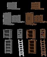 Building interior detailing set comprising bookshelves, cupboard and filing drawer frontages.Ideal for a cleric or wizard's study.