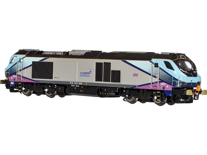 Dapol model of the DRS class 68 multi-purpose locomotives with the full co-operation of the builders, Vossloh, operator DRS and Chiltern Trains. The class 68s have been designed with both passenger and freight service in mind. Featuring a centrally mounted iron cored motor driving all four axles inside a highly detailed bodyshell with many separate parts and selectable directional lighting. DCC and sound options are also allowed for.This model is finished as locomotive 68031 named Felix and painted in Trans Pennine Express livery.