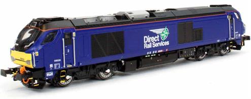 Dapol model of the DRS class 68 multi-purpose locomotives with the full co-operation of the builders, Vossloh, operator DRS and Chiltern Trains. The class 68s have been designed with both passenger and freight service in mind. We can expect to see these engines deployed on many locomotive-hauled trains in the future, adding to the Chiltern and Caledonian Sleeper trains already being worked by the 68s.Model finished in DRS blue with small compass logos. This livery is applied to locomotives expected to be used on contract hire duties.