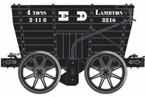 Pack of three Earl of Durham's Lambton Collieries NER P1 style chaldron wagons, pre 1896. Wagons numbered 1833, 1641 and 650.A John Lambton commenced commercial coal production around the village of Bournmoor, County Durham from 1783, seven pits making up the Lambton Colliery. The company was formed by John Lambton, grandson of the original John and first Earl of Durham. The railway ran from the pits to the company staithes along the river Wear. In 1865 agreements with the NER also allowed the colliery company trains to run over the NER line to Sunderland.Chaldron wagons were among the first types of railway wagons used in Britain, a very basic wagon designed for conveying coal and mostly owned by the colliery owners. Although replaced in regular railway service around the end of the 19th century chaldron wagons were still used around collieries and coal loading docks into the 1950s.